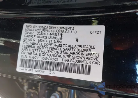 2021 Honda Accord Sport из США, поврежденный, VIN 1HGCV1F35MA058922